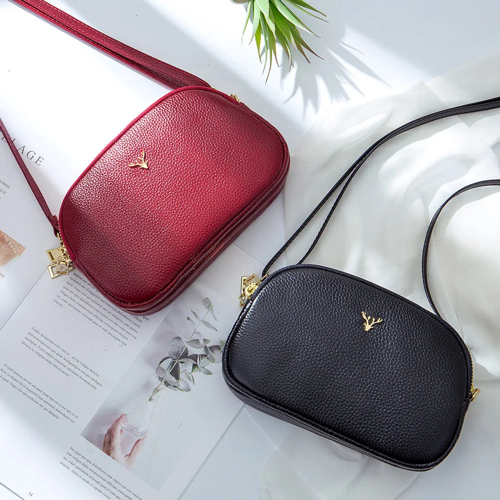 Leather Women Crossbody Bags Small 3 Layer Zipper Female Messenger Bag