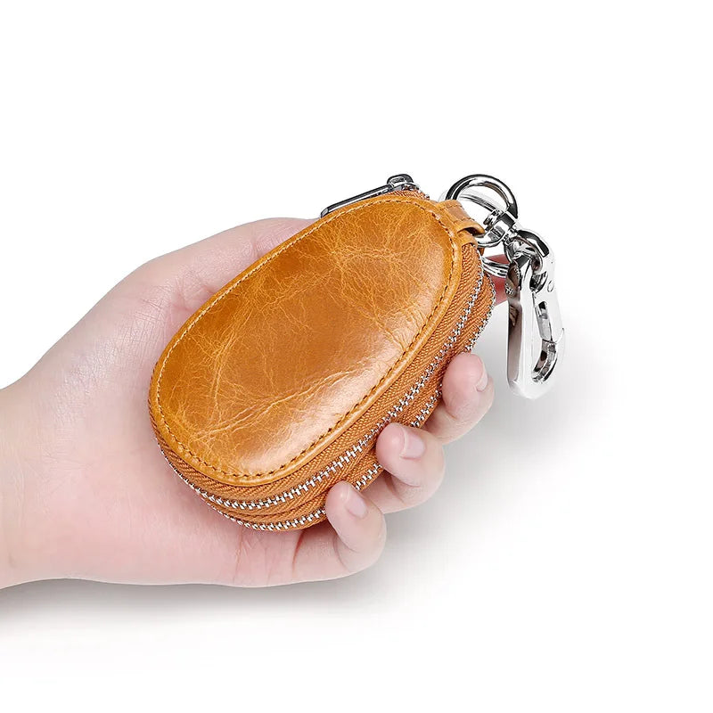 Leather Key Holders for Men Wallet Keys Double Zipper Big Capacity