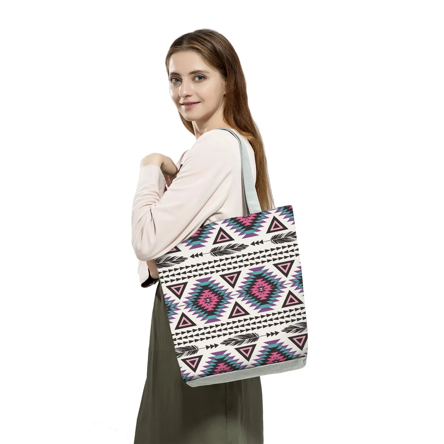 Geometric Striped Print Shopping Bags Large Capacity Eco Tote Handbag Women