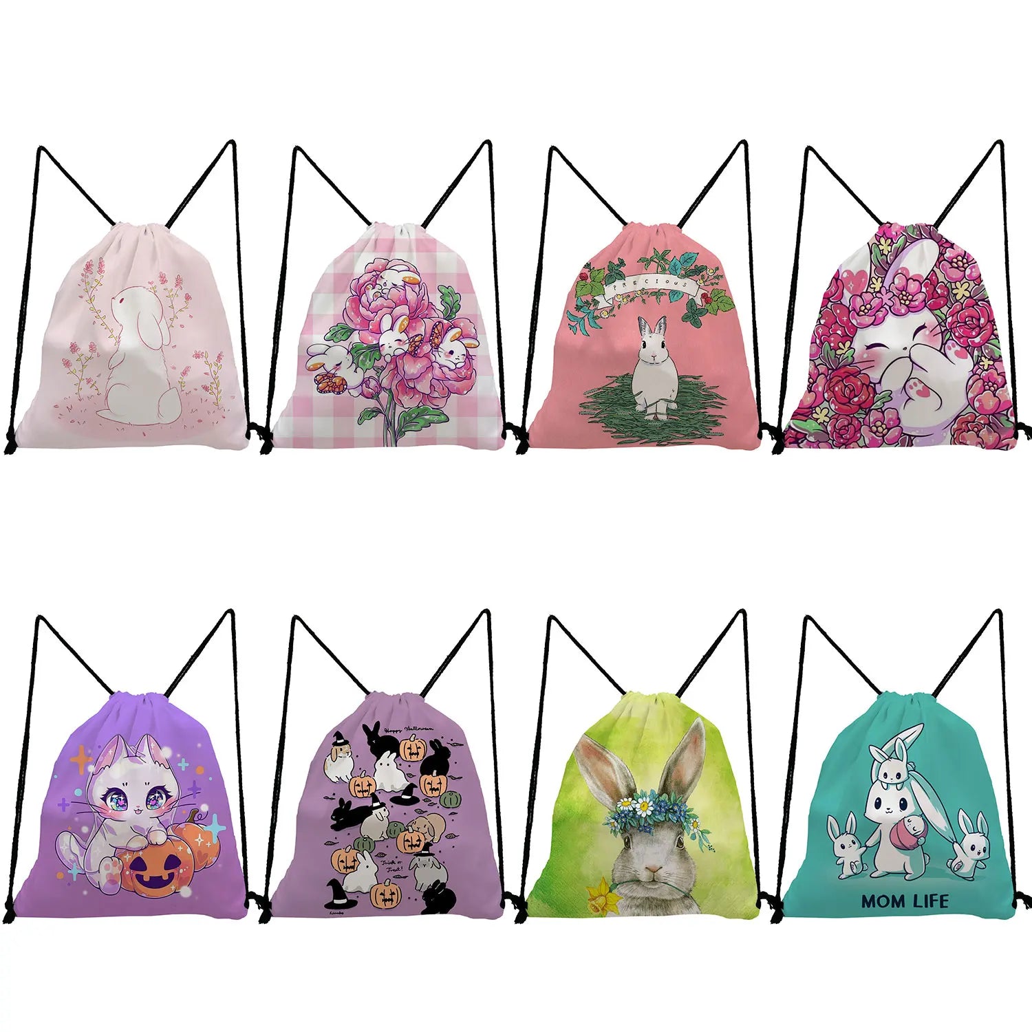 Casual Drawstring Backpack with Rabbit Print