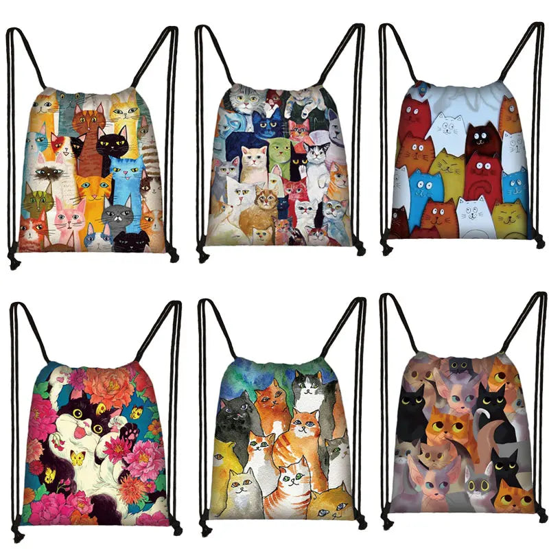 Colored Cat Drawstring Gym Pouch Bag for Girls