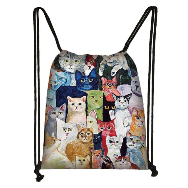 Colored Cat Drawstring Gym Pouch Bag for Girls