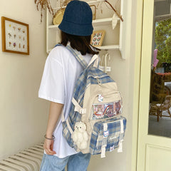 Girls Patchwork School Bag Plaid Large Capacity Rucksack Female Double Shoulders