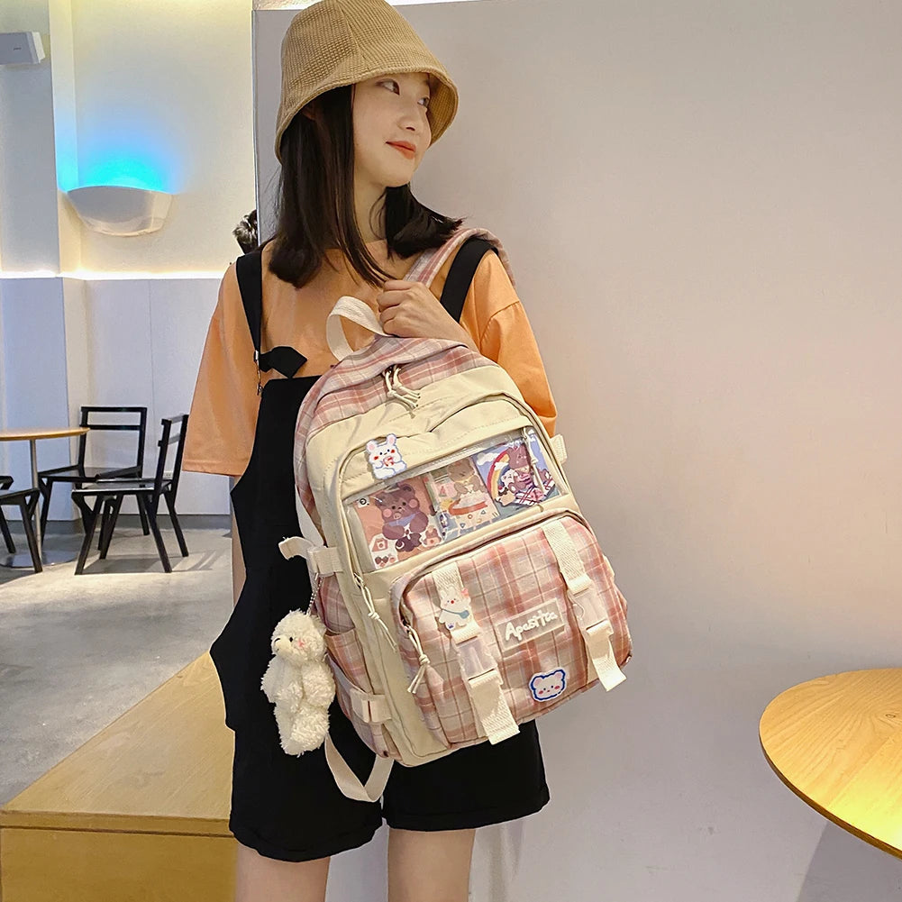 Girls Patchwork School Bag Plaid Large Capacity Rucksack Female Double Shoulders