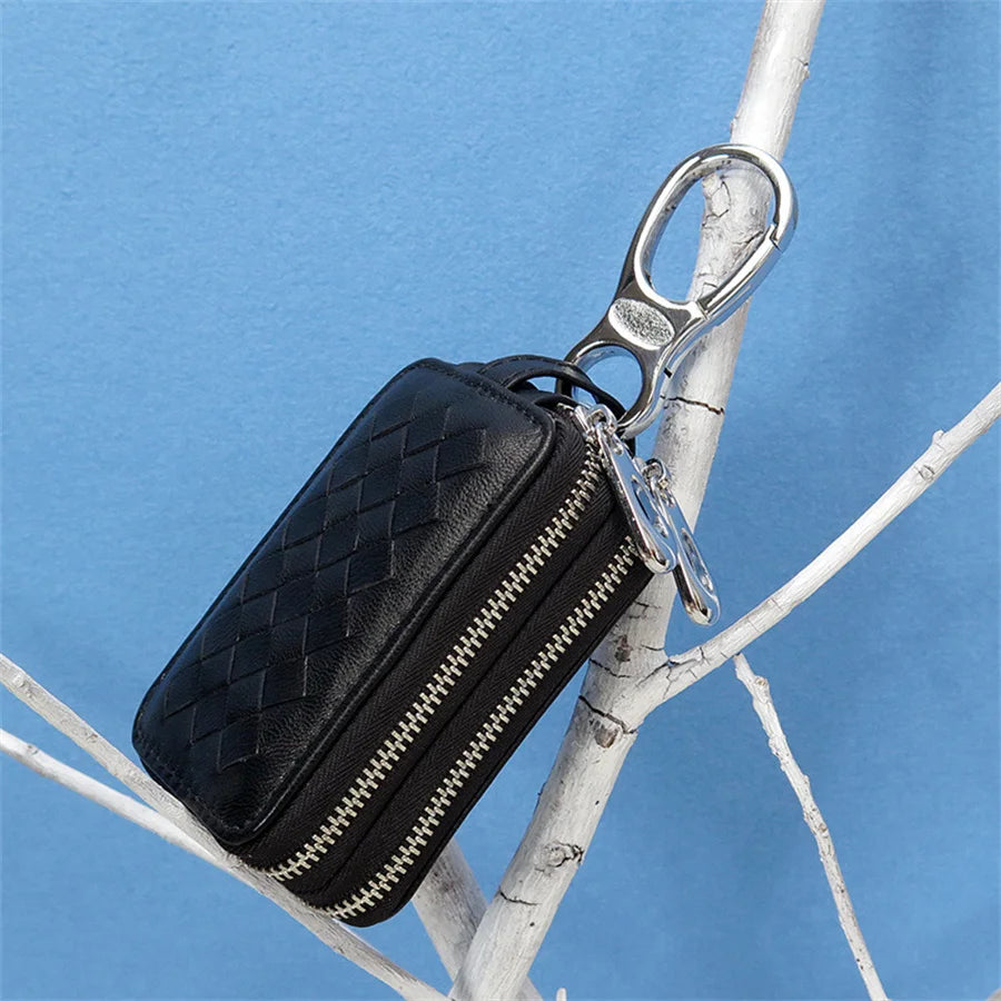 Goatskin Woven Car Key Purse Leather Key Holder Zippered Key Wallet