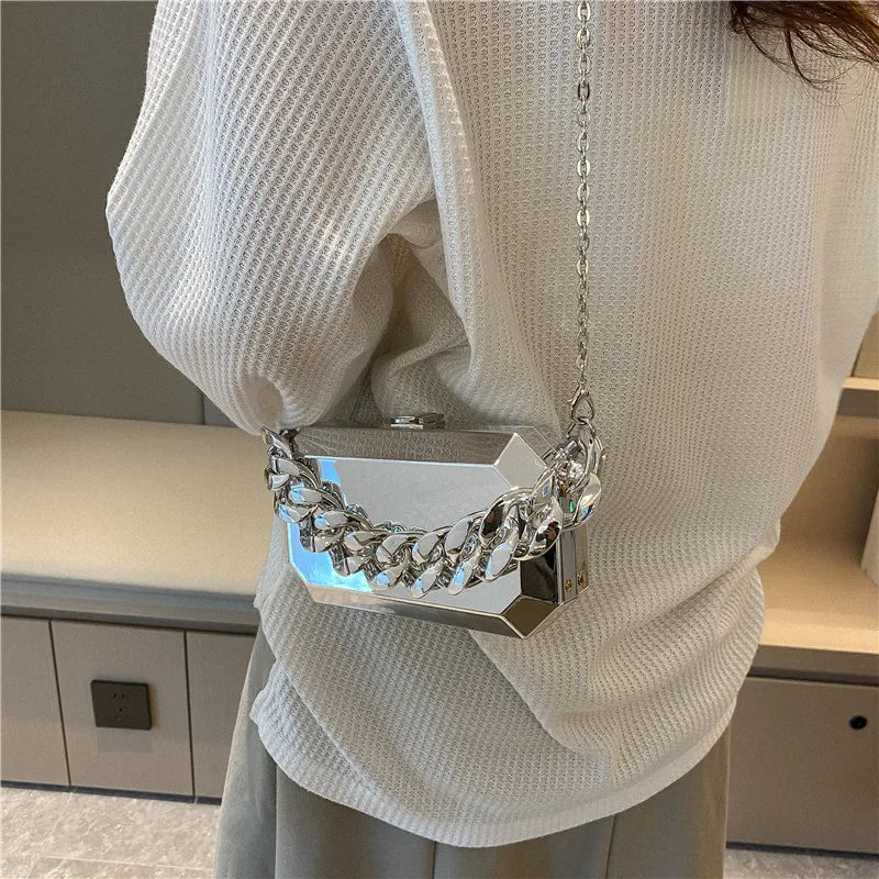 Silver Metal Box Bag for Women - Elegant Party Shoulder Bag