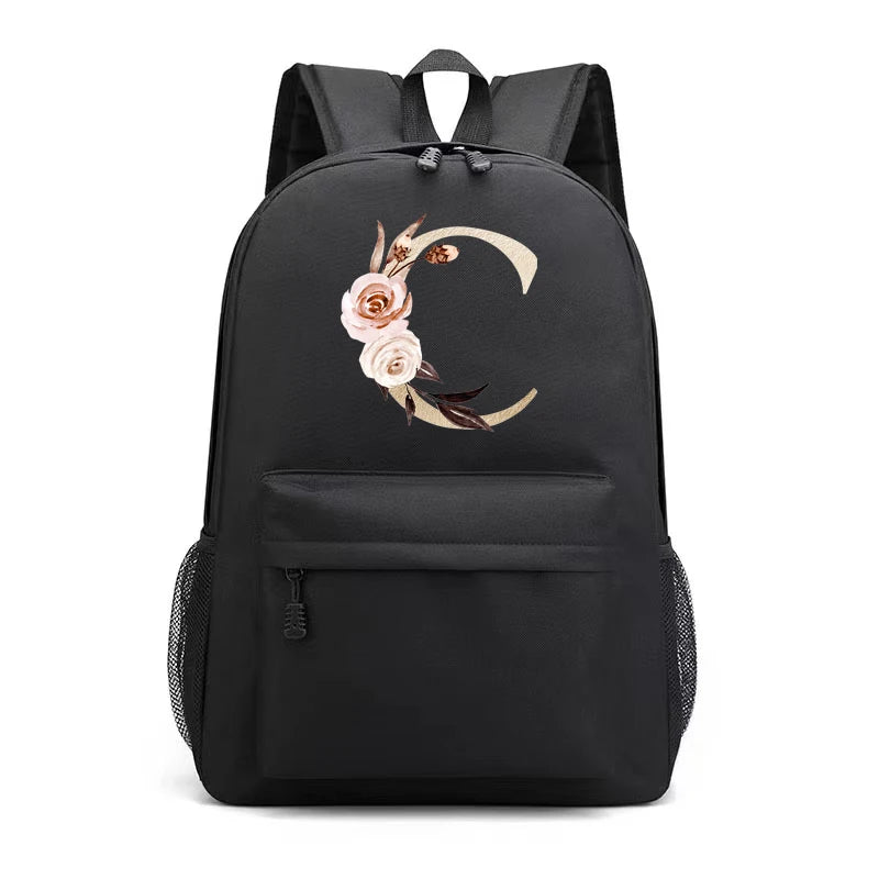 Golden Letters Print Backpack Travel Women Casual Shoulder Bag