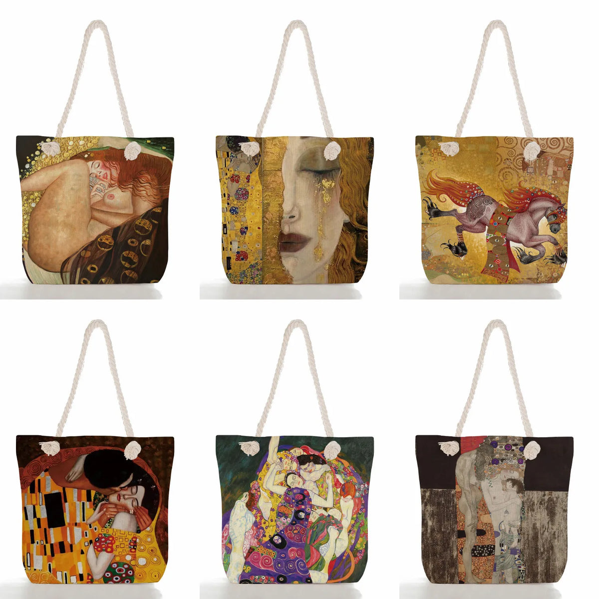 Golden Oil Painting Printed Shopping Bag Foldable Eco Friendly Tote
