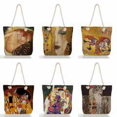 Golden Oil Painting Printed Shopping Bag Foldable Eco Friendly Tote