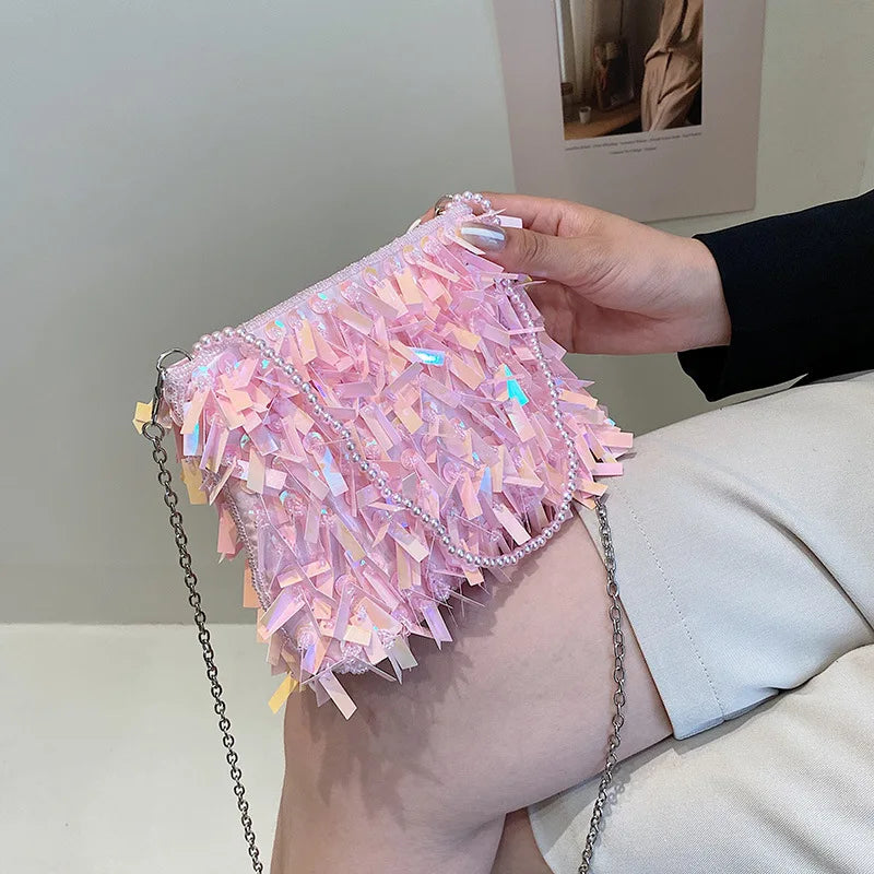 Sequin Beaded Tassel Crossbody Bag Women Evening Clutch Purse Handbag
