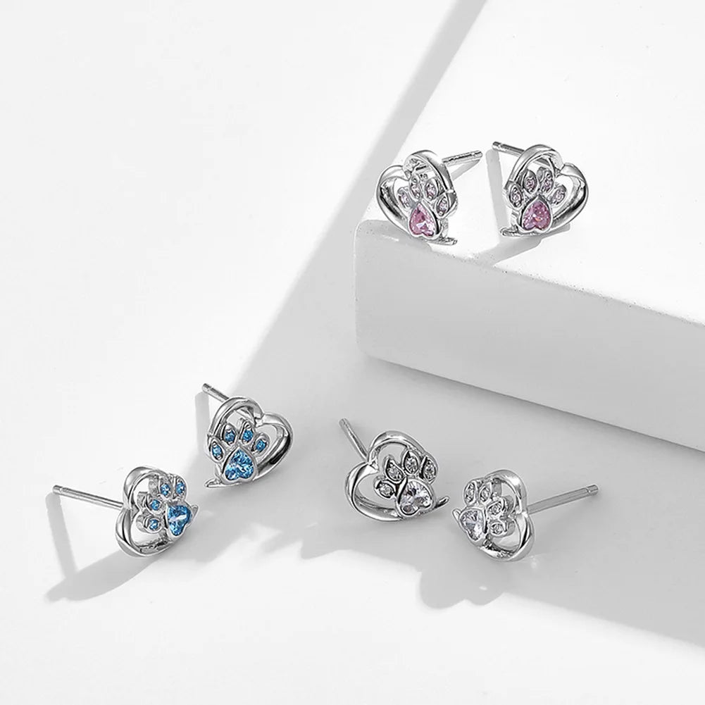 925 Silver Paw Heart Stud Earrings Zircon Ear Studs