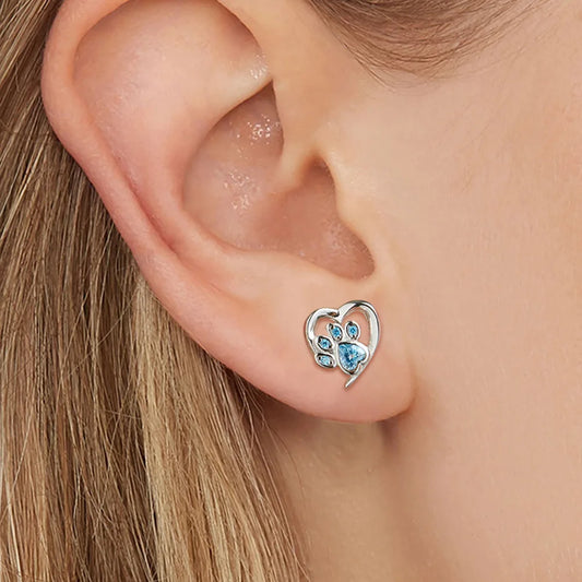 925 Silver Paw Heart Stud Earrings Zircon Ear Studs