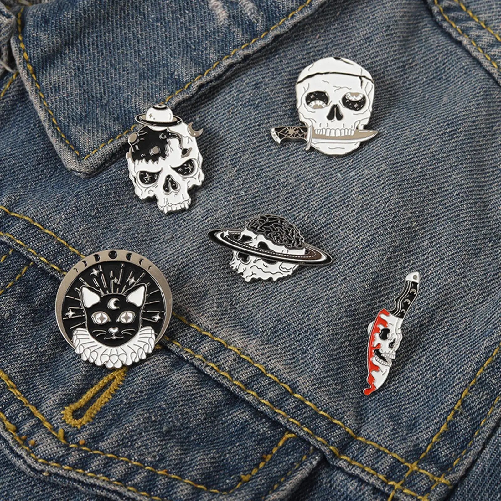 Gothic Halloween Party Enamel Pins Horror Skull Spooky Skeleton Cat Brooches