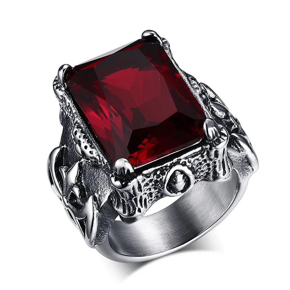 Vintage Red Zircon Gothic Men's Ring Titanium Stainless Steel Jewelry