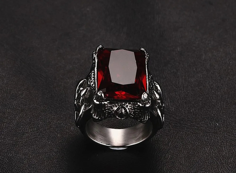 Vintage Red Zircon Gothic Men's Ring Titanium Stainless Steel Jewelry