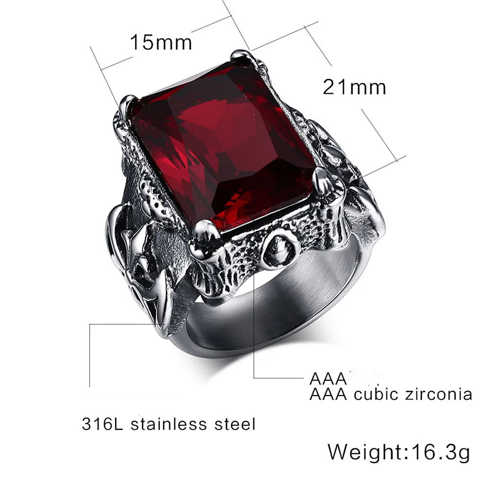 Vintage Red Zircon Gothic Men's Ring Titanium Stainless Steel Jewelry