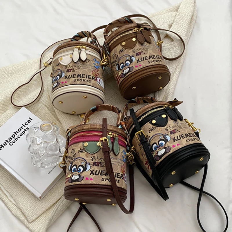 Graffiti Cylindrical Bag Women's Crossbody Shoulder Purses PU Leather