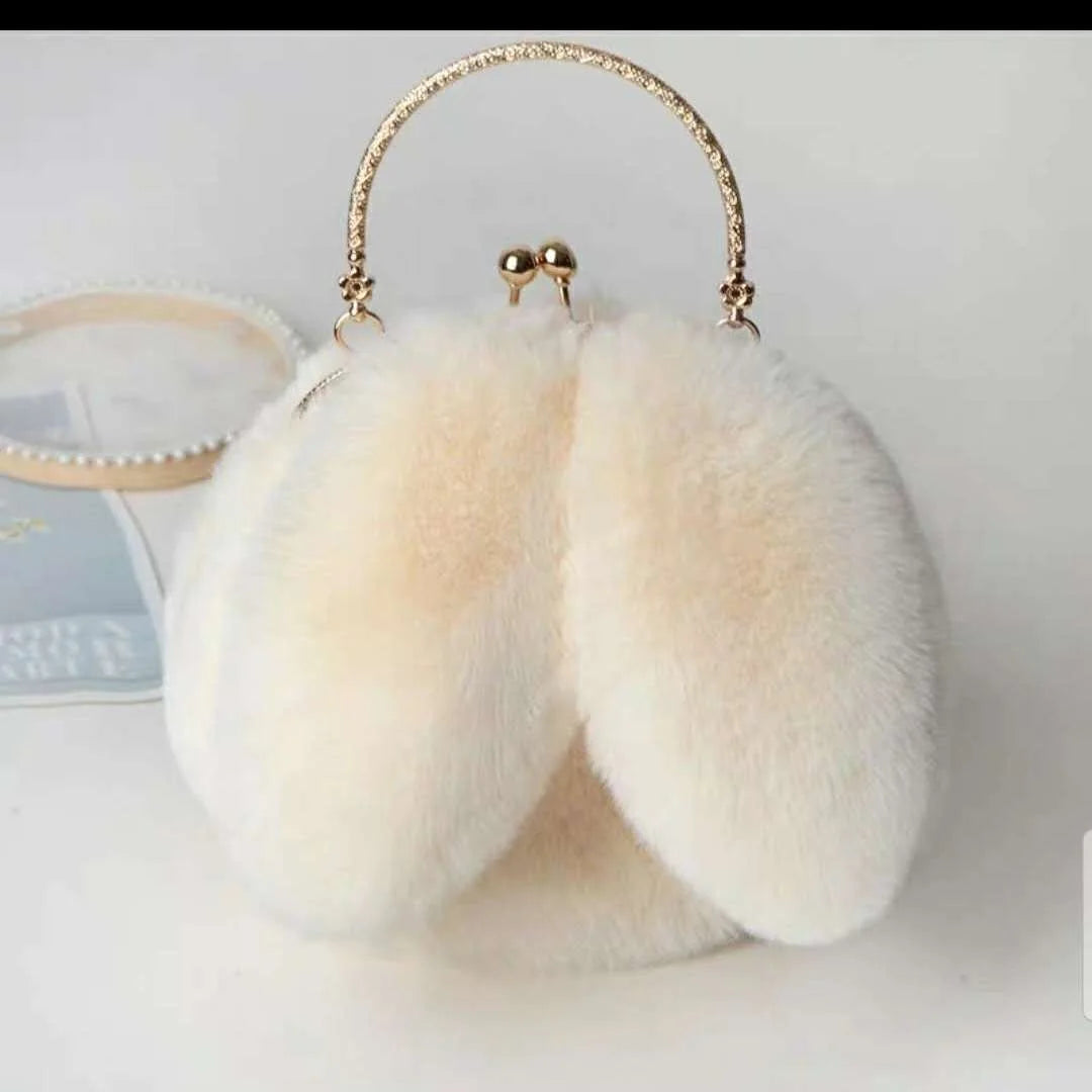 Gray Faux Fur Bag Winter Chains Rabbit Shaped Girls Princess Furry Plush C