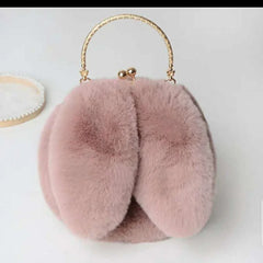 Gray Faux Fur Bag Winter Chains Rabbit Shaped Girls Princess Furry Plush C
