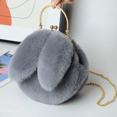 Gray Faux Fur Bag Winter Chains Rabbit Shaped Girls Princess Furry Plush C