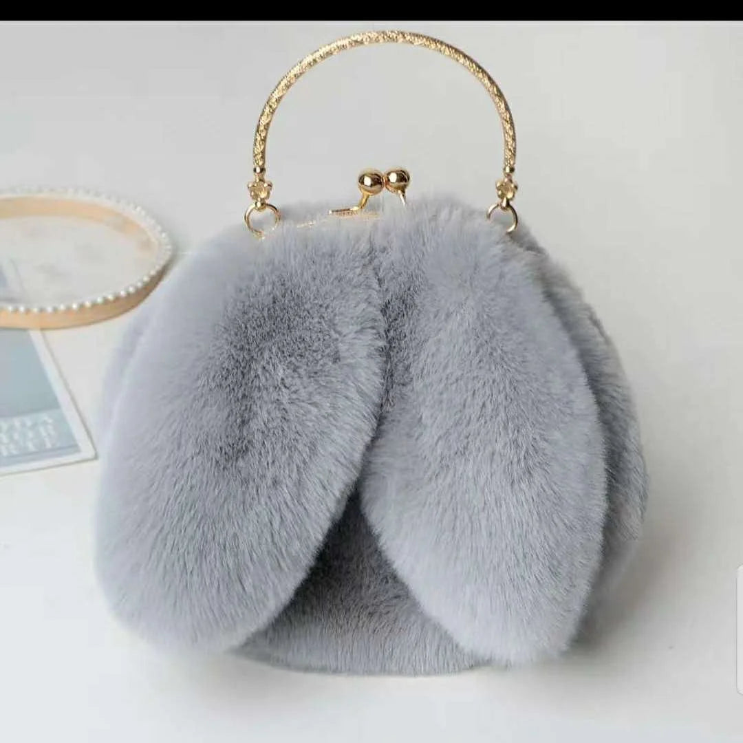 Gray Faux Fur Bag Winter Chains Rabbit Shaped Girls Princess Furry Plush C