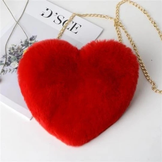Gray Lady Faux Fur Women Bag Winter Chains Heart Shaped Girls Princess Furry Plu