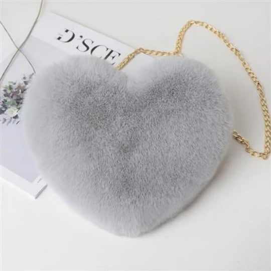 Gray Lady Faux Fur Women Bag Winter Chains Heart Shaped Girls Princess Furry Plu