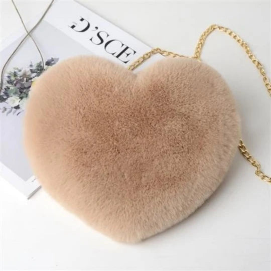 Gray Lady Faux Fur Women Bag Winter Chains Heart Shaped Girls Princess Furry Plu