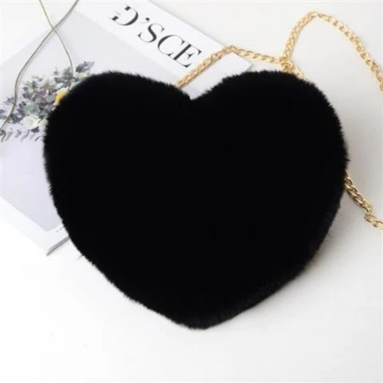 Gray Lady Faux Fur Women Bag Winter Chains Heart Shaped Girls Princess Furry Plu