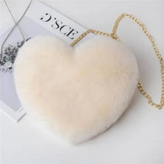 Gray Lady Faux Fur Women Bag Winter Chains Heart Shaped Girls Princess Furry Plu