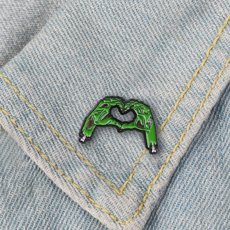 Green Skull Hands Skeleton Brooch Enamel Pin Gothic Halloween Jewelry