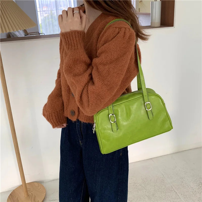 Green Women's Tote Bag PU Leather Handbag Large Capacity Casual Shopper Bolso