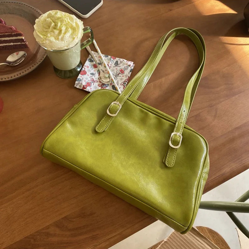 Green Women's Tote Bag PU Leather Handbag Large Capacity Casual Shopper Bolso
