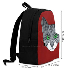 Grey Cat Face Doodle Line Art Green Eyes Laptop School Bag
