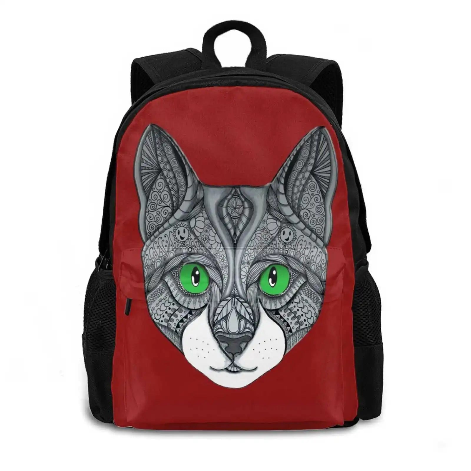 Grey Cat Face Doodle Line Art Green Eyes Laptop School Bag