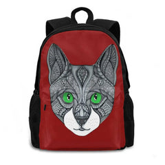 Grey Cat Face Doodle Line Art Green Eyes Laptop School Bag
