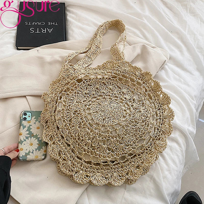 Round Woven Straw Beach Bag Shoulder Tote for Summer Travel