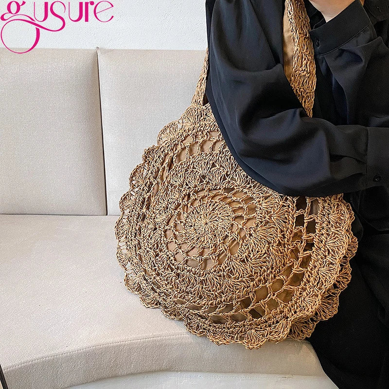 Round Woven Straw Beach Bag Shoulder Tote for Summer Travel