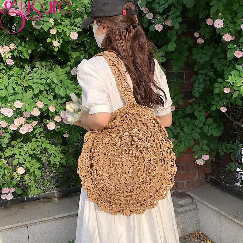 Round Woven Straw Beach Bag Shoulder Tote for Summer Travel