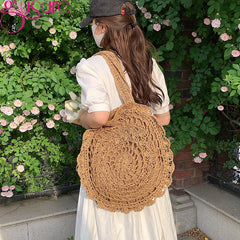 Round Woven Straw Beach Bag Shoulder Tote for Summer Travel