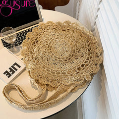 Round Woven Straw Beach Bag Shoulder Tote for Summer Travel