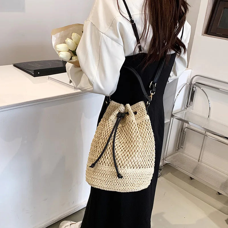Women's Summer Straw Crossbody Bag Small Bucket Handbag