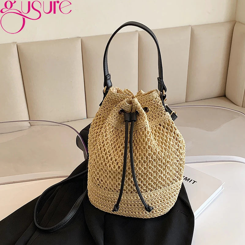 Women's Summer Straw Crossbody Bag Small Bucket Handbag