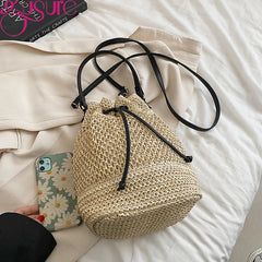 Women's Summer Straw Crossbody Bag Small Bucket Handbag