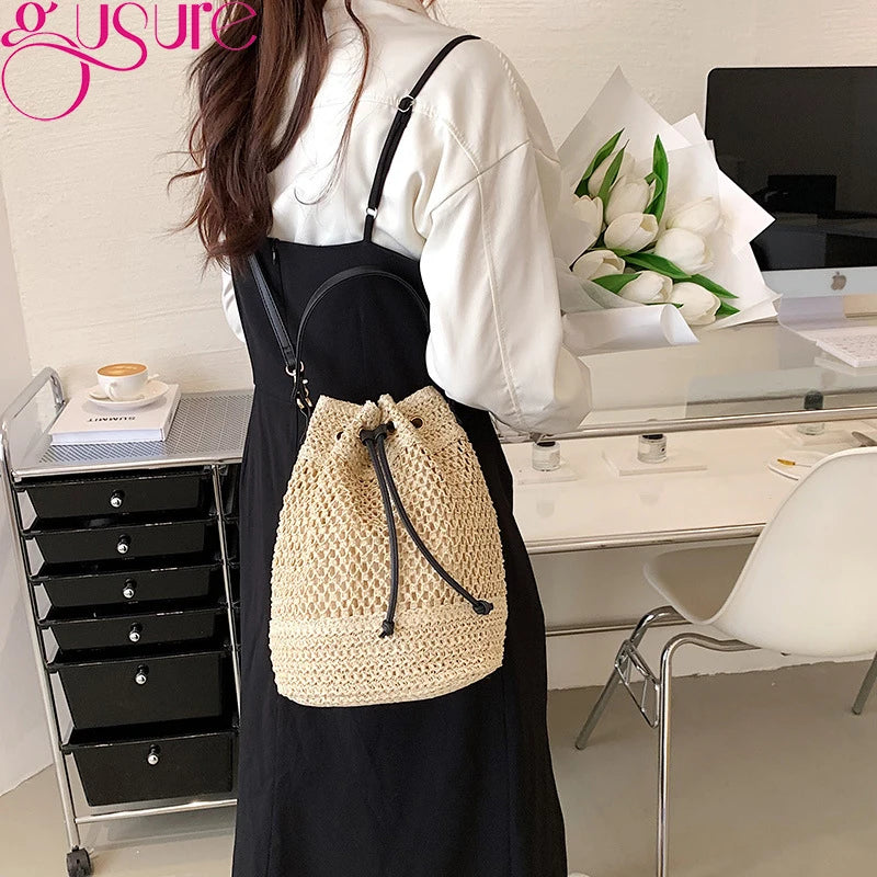 Women's Summer Straw Crossbody Bag Small Bucket Handbag