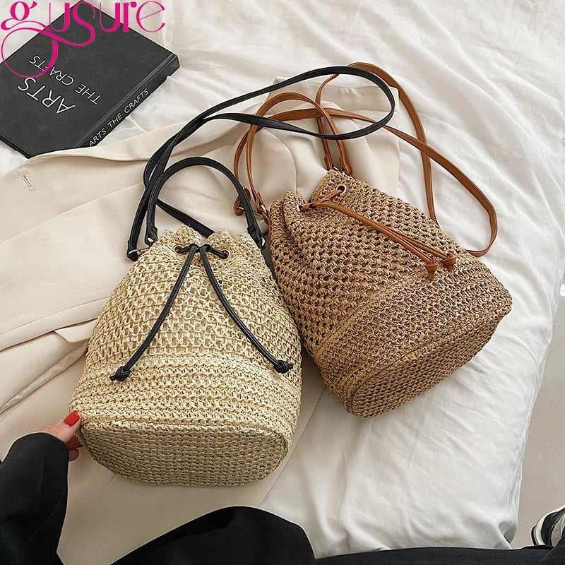 Women's Summer Straw Crossbody Bag Small Bucket Handbag