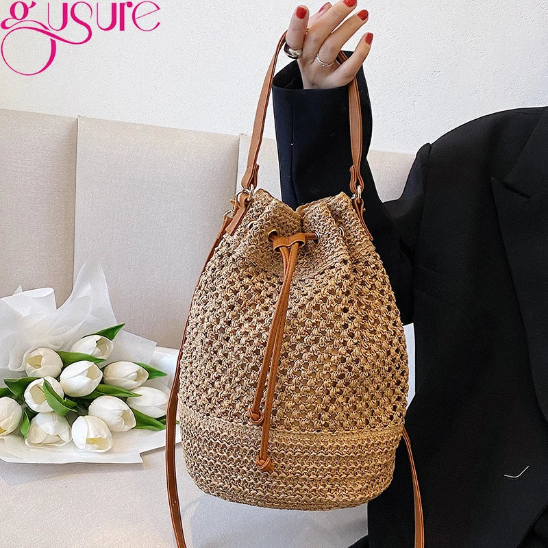 Women's Summer Straw Crossbody Bag Small Bucket Handbag