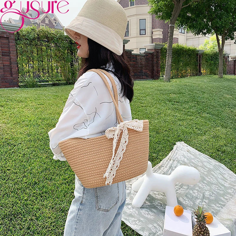 Women's Straw Woven Top-handle Handbag Vintage Ribbon Large Capacity