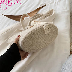 Women's Straw Woven Top-handle Handbag Vintage Ribbon Large Capacity