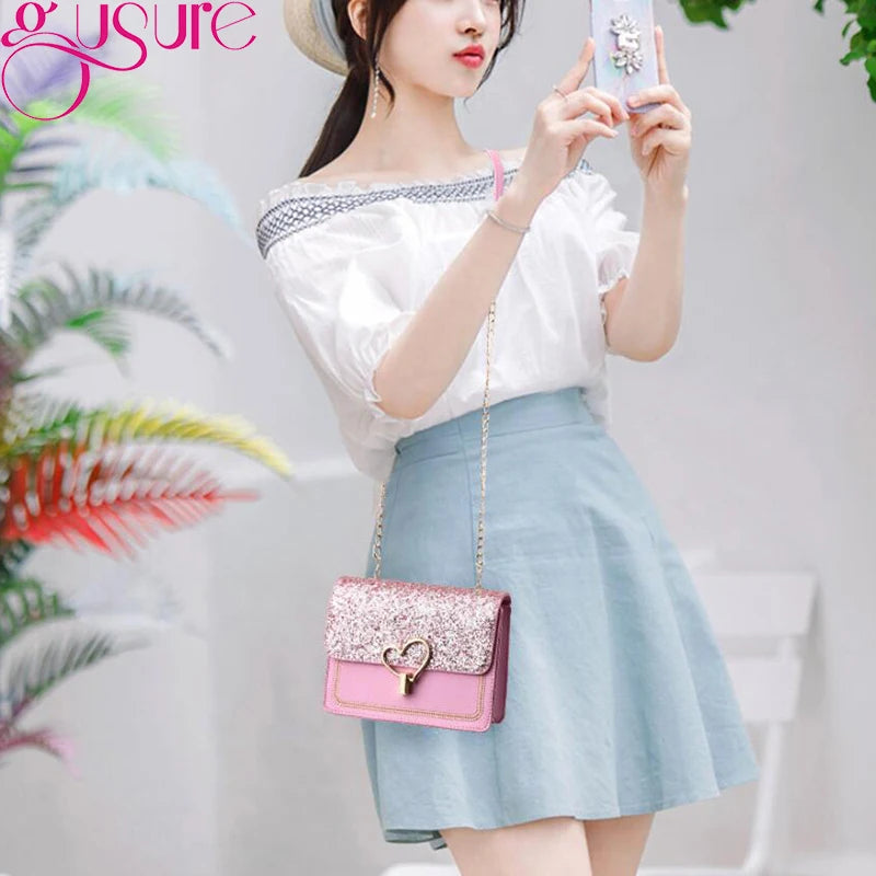 Heart Buckle Glitter Sequins Chain Crossbody Bag